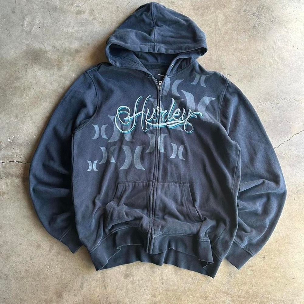Y2K Black embroidered Hurley zip-up hoodie